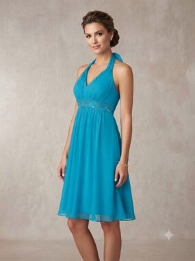 City Triangles Teal Halter Chiffon Dress with Beaded Waist
